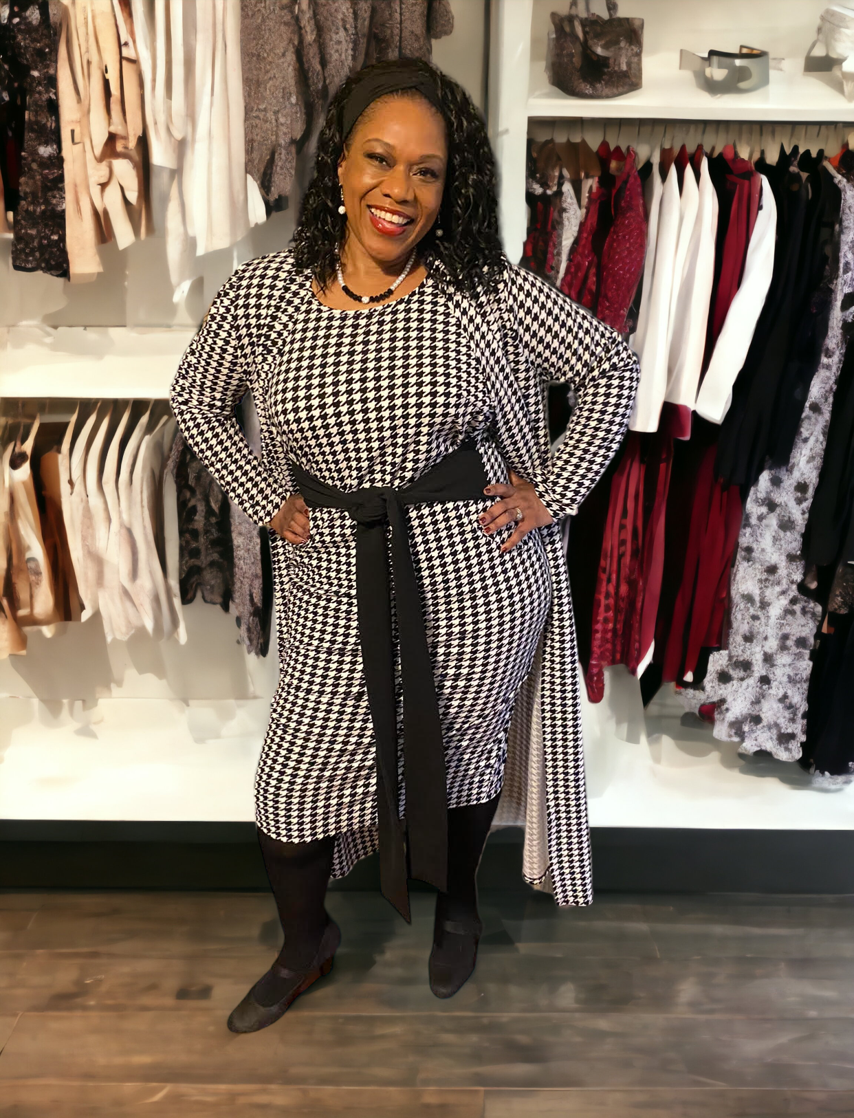 Houndstooth Open Front Coat and Tie Front Dress, US Sizes 0 - 20