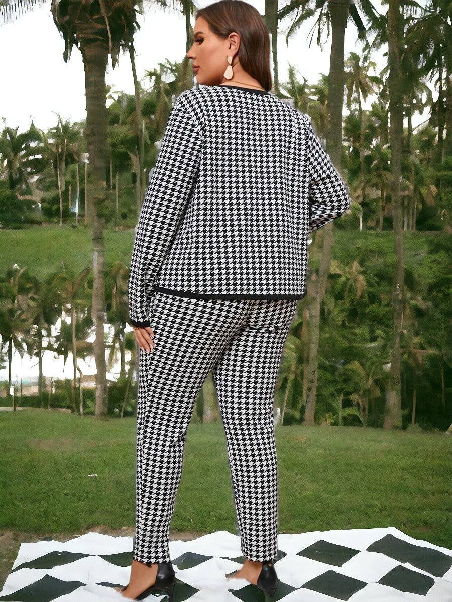 Houndstooth Print Two-Piece Set, Open Front Jacket & Pants (US Sizes 4 - 20)