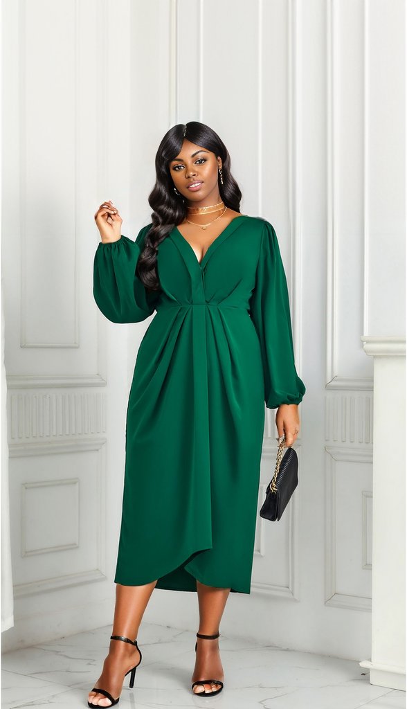 V-Neck Balloon Sleeve Midi Dress