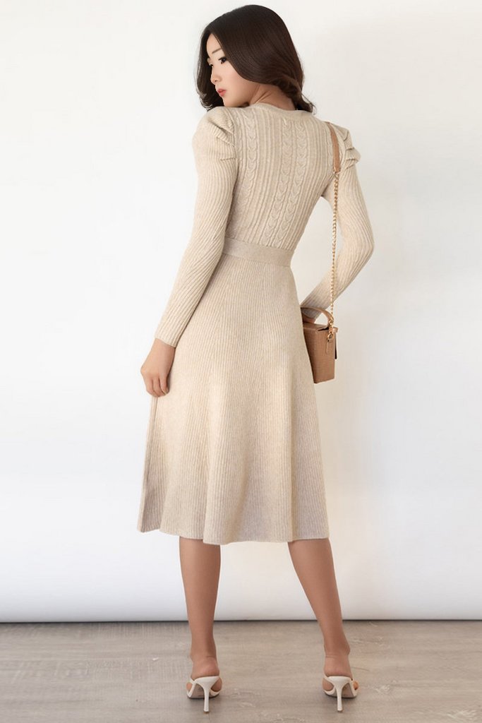 Round Neck Long Sleeve Tie Waist Sweater Dress