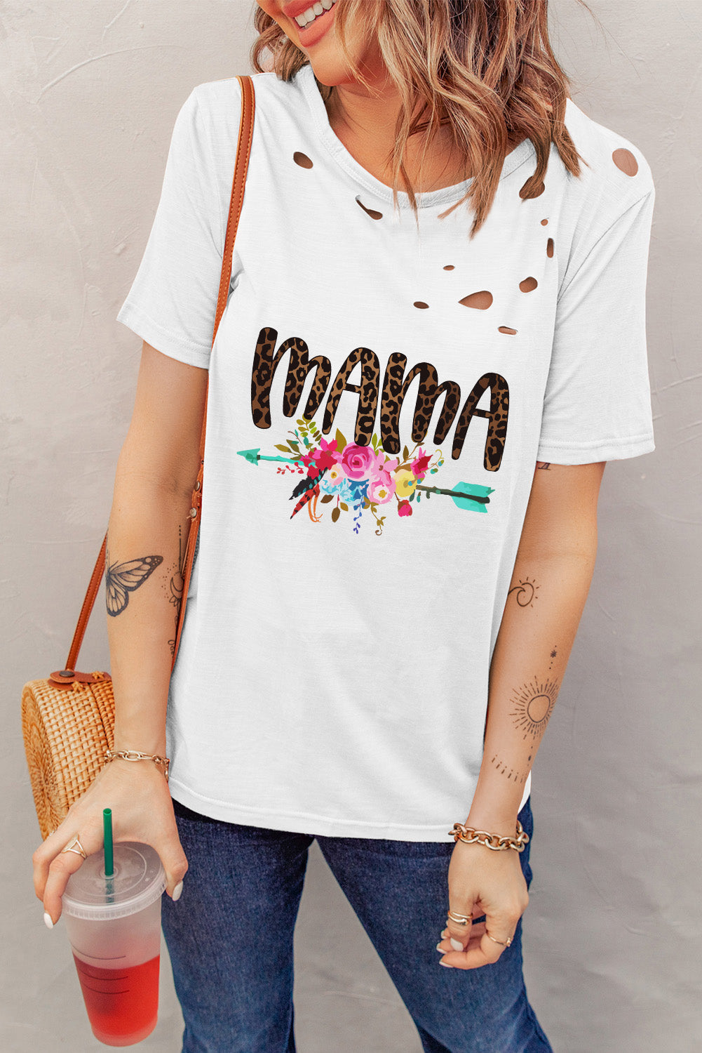 MAMA グラフィック ディストレスト ラウンドネック T シャツ