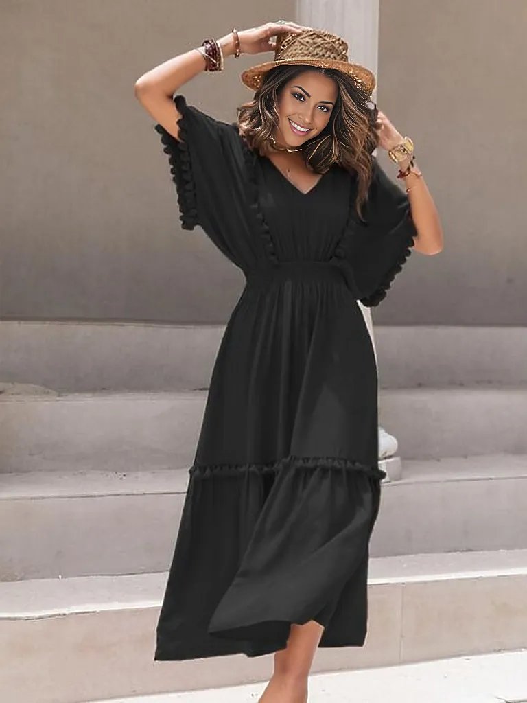 Tassel Trim Smocked V-Neck Short Sleeve Dress