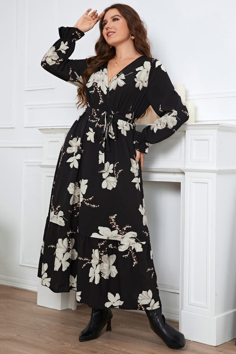 Plus Size Floral Surplice Neck Flounce Sleeve Dress