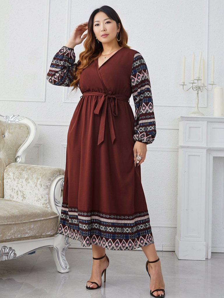 Plus Size Surplice Neck Tie Belt Balloon Sleeve Dress
