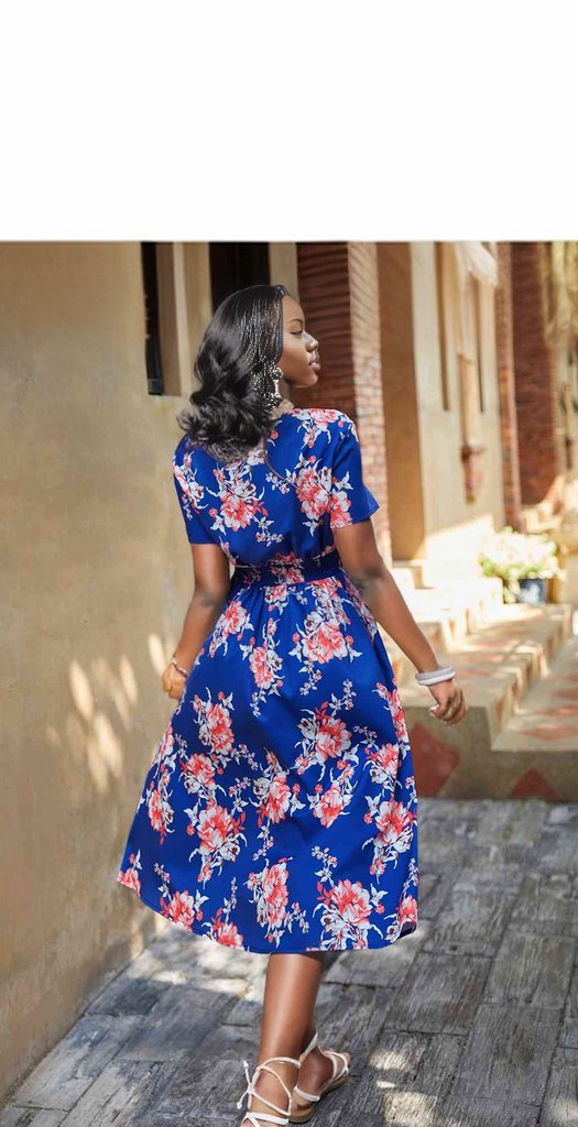 Elastic Waist V Neck Floral Print Midi Dress