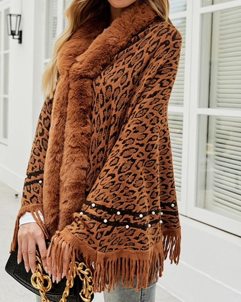 Leopard Fringe Hem Poncho