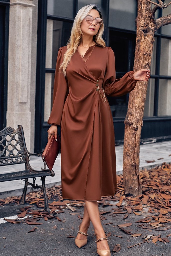 Surplice Neck Puff Sleeve Midi Dress