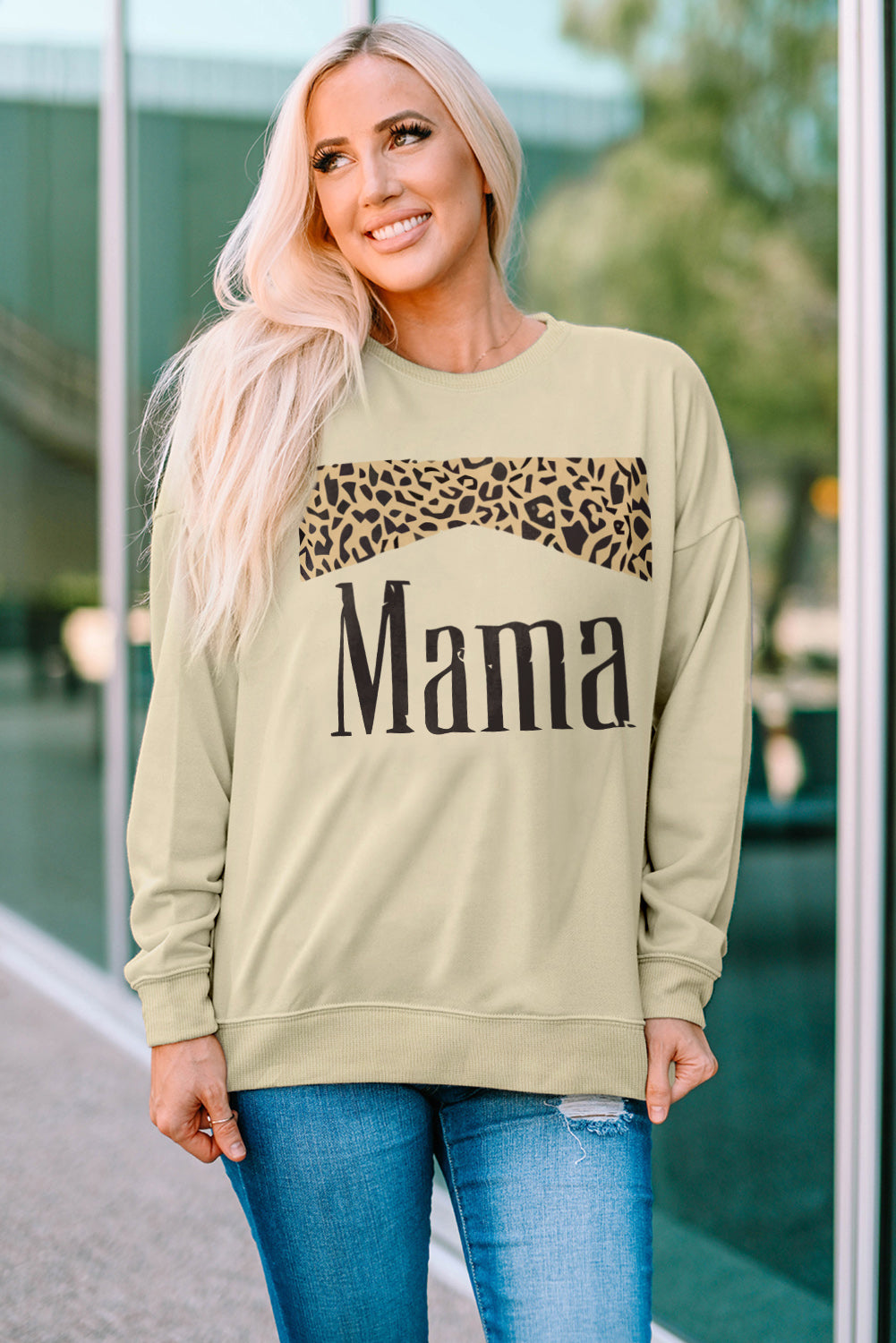 MAMA レオパード グラフィック ドロップショルダー スウェットシャツ