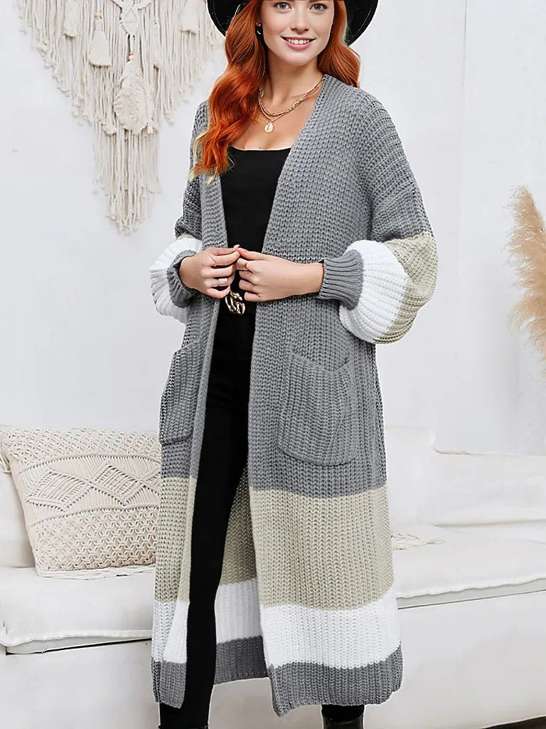 Color Block Long Sleeve Pocketed Cardigan