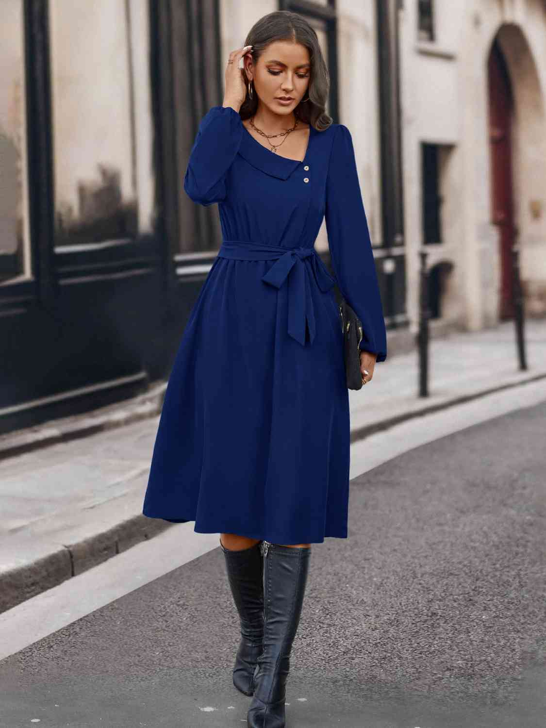 Wholesale MOQ6 Buttoned Tie Front Long Sleeve Asymmetrical Neck Dress Wholesale MOQ6 Buttoned Tie Front Long Sleeve Asymmetrical Neck Dress