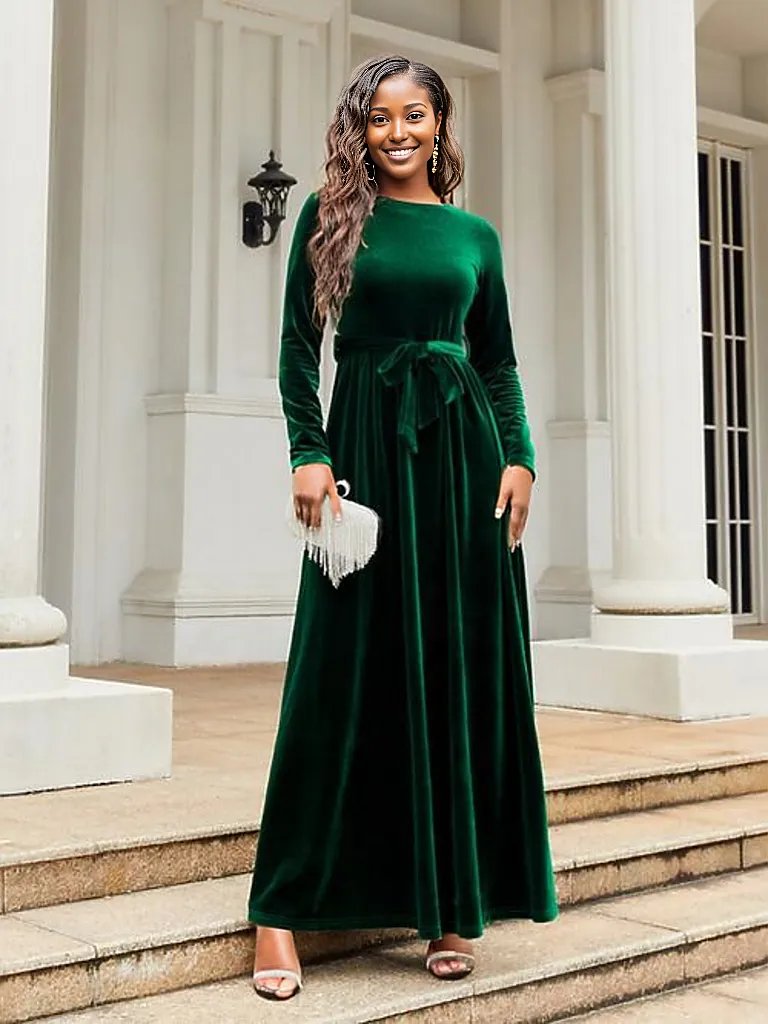 Tie Front Round Neck Long Sleeve Maxi Dress