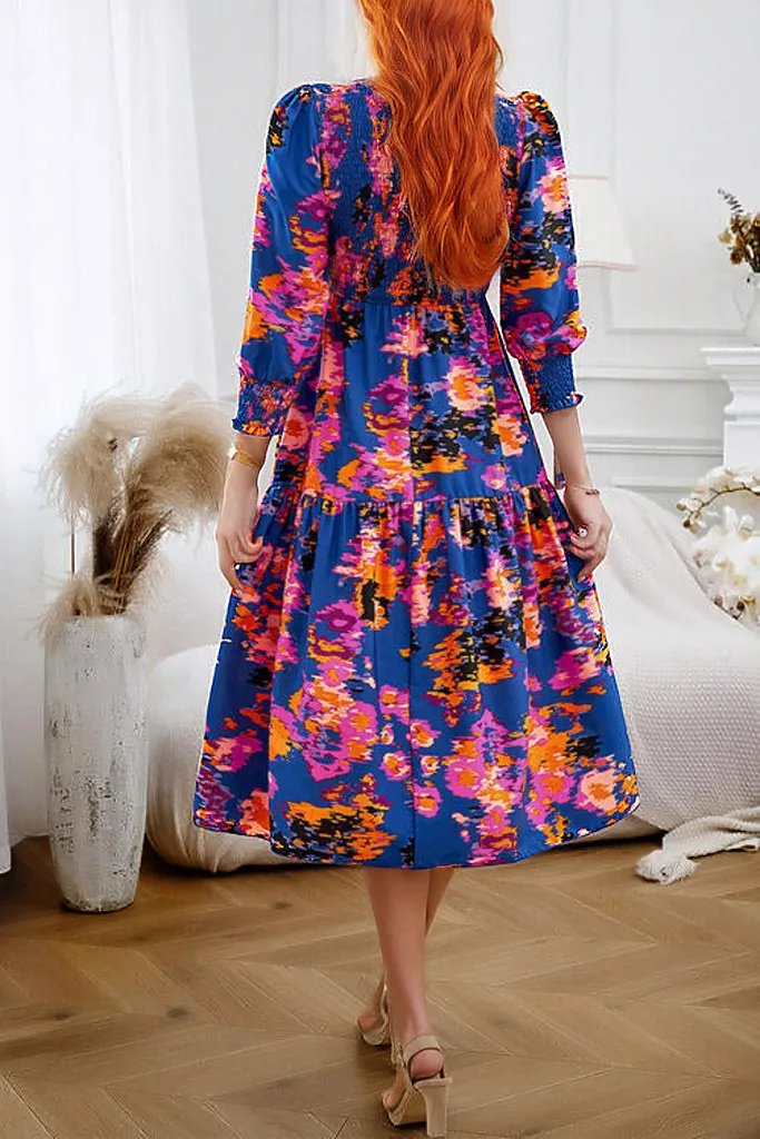 Printed Smocked Lantern Sleeve Ruffled Dress