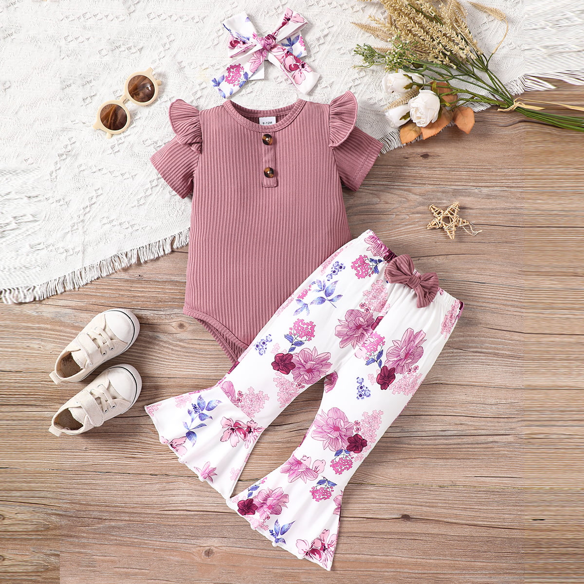 Uylee's Boutique Decorative Button Ribbed Bodysuit and Printed Flare Pants Set