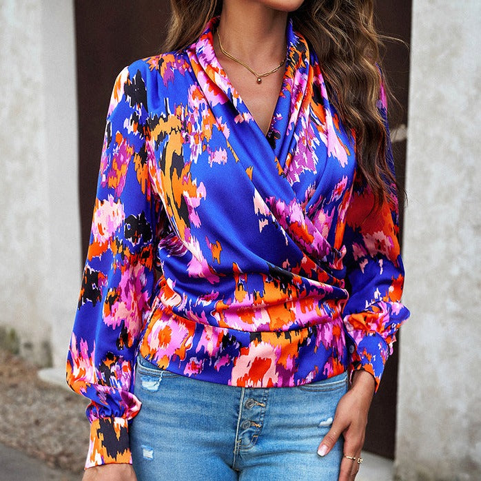 Printed Surplice Neck Long Sleeve Blouse