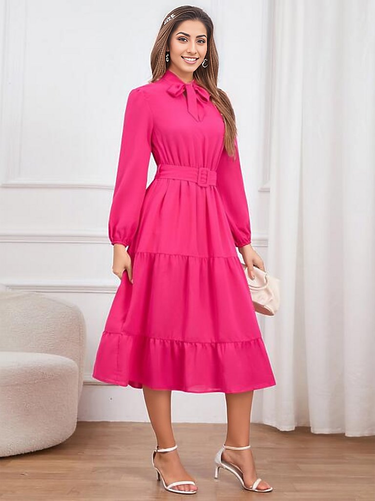 Tie Neck Long Sleeve Tiered Dress