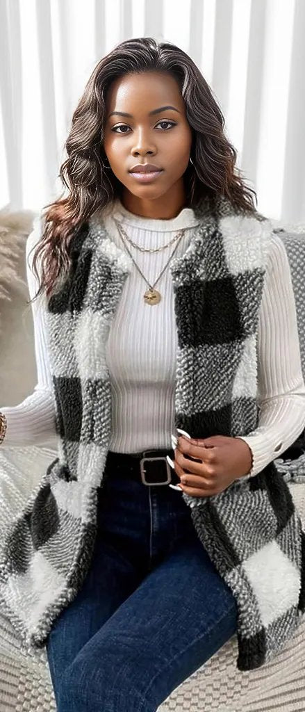 Sherpa Plaid Open Front Vest Coat