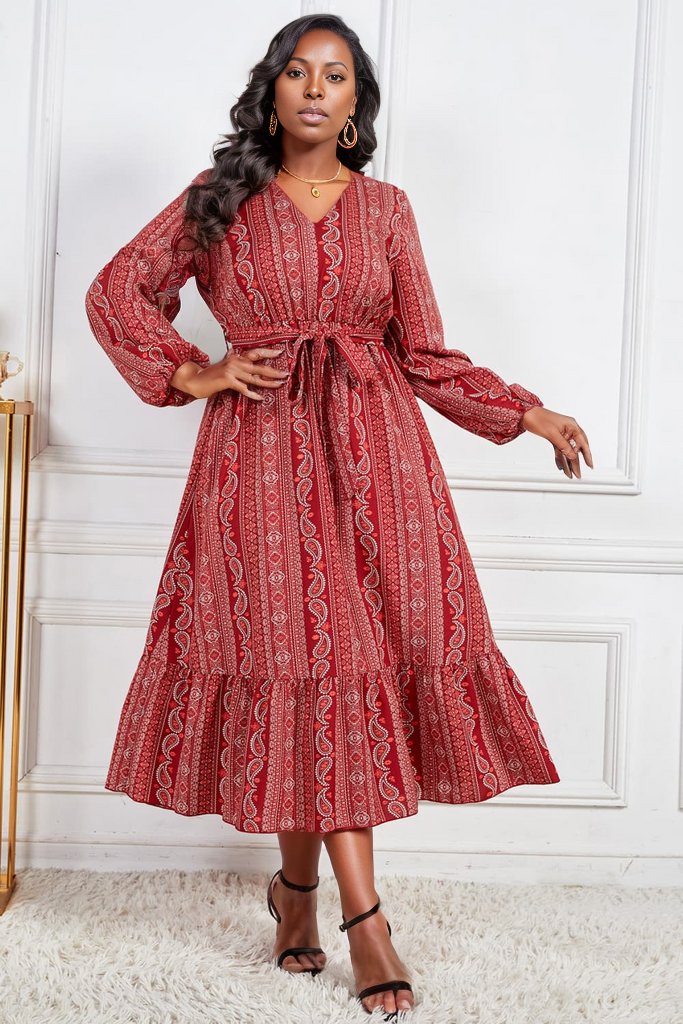 Plus Size Tie Belt V-Neck Balloon Sleeve Midi Dress