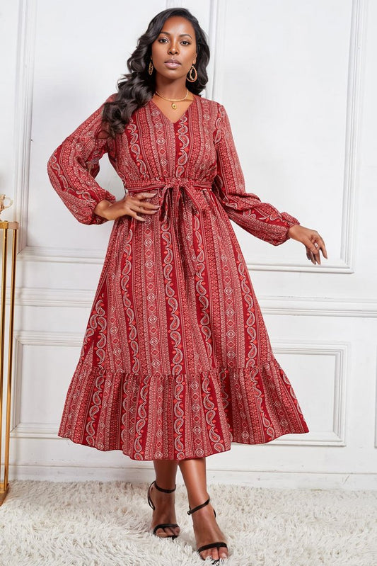 Plus Size Tie Belt V-Neck Balloon Sleeve Midi Dress