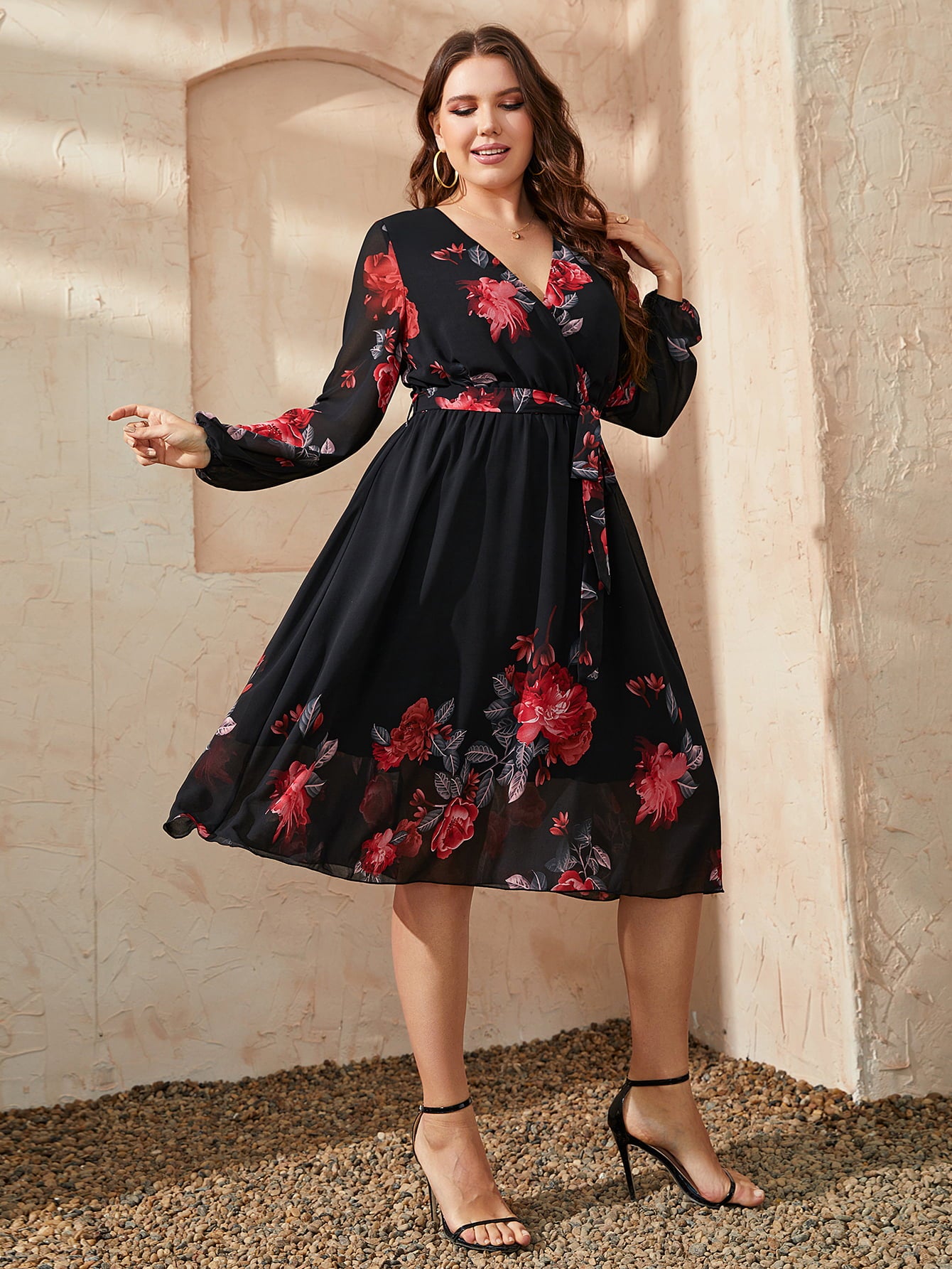 Uylee's Boutique Plus Size Floral Surplice Neck Tie Waist Dress