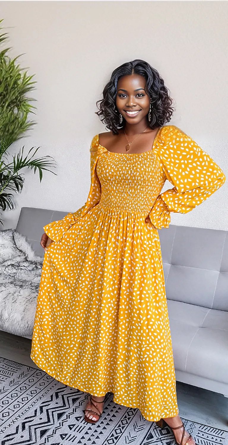 Smocked Square Neck Flounce Sleeve Dress - Three Color Choices
