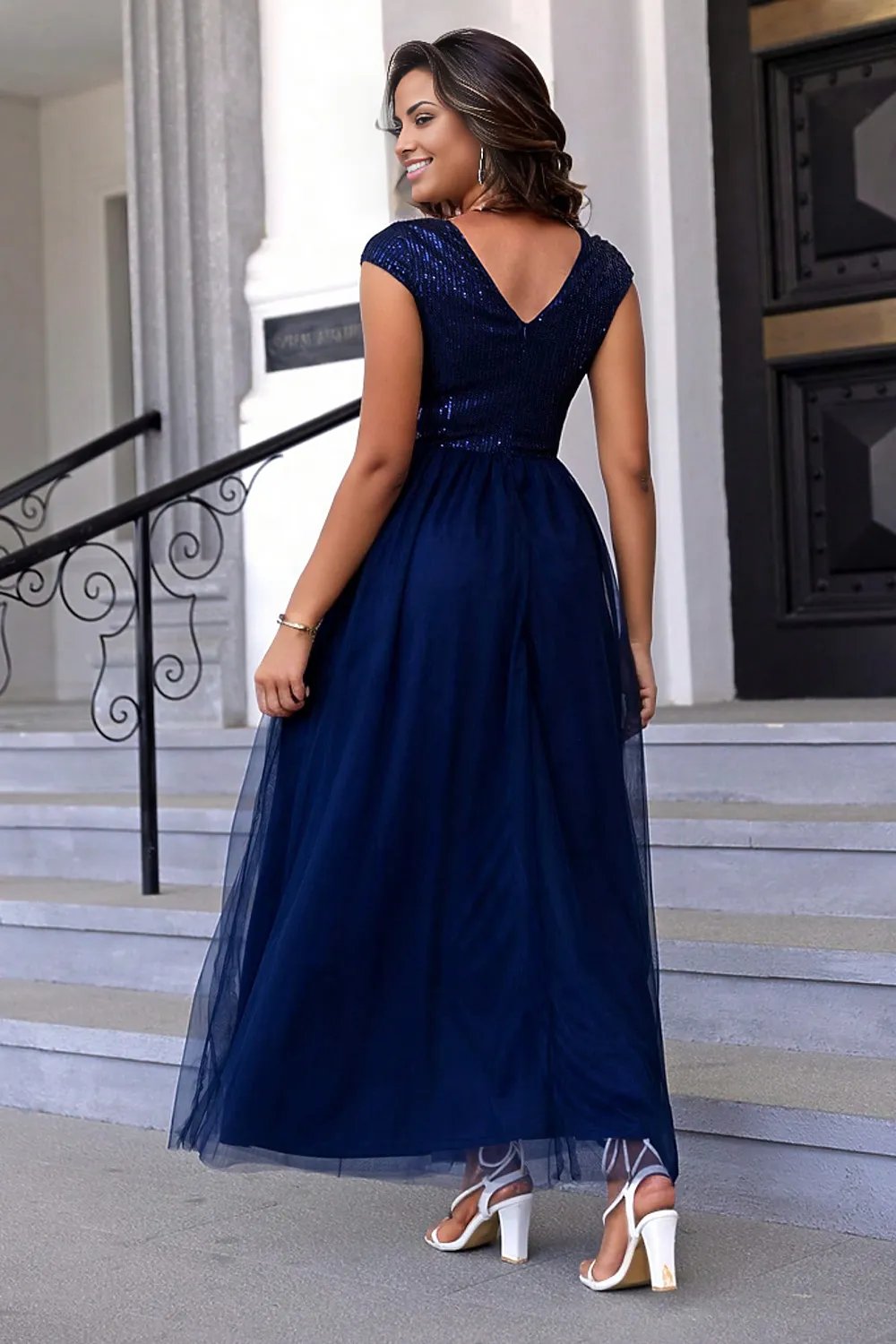 Sequin V-Neck Mesh Maxi Dress