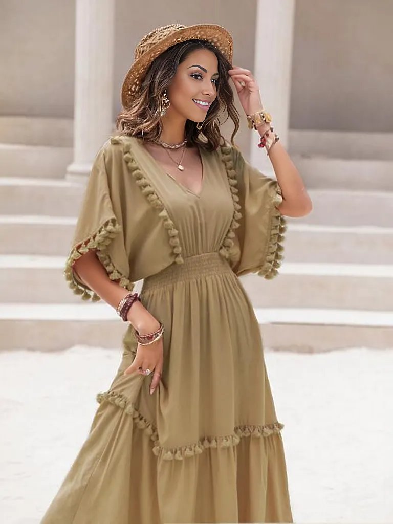 Tassel Trim Smocked V-Neck Short Sleeve Dress
