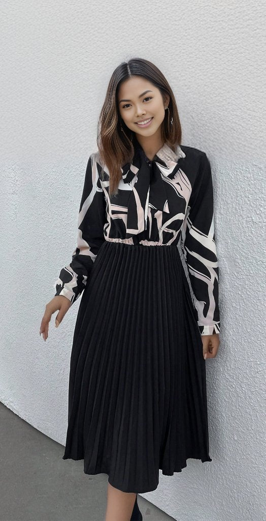 Tie Neck Long Sleeve Pleated Dress