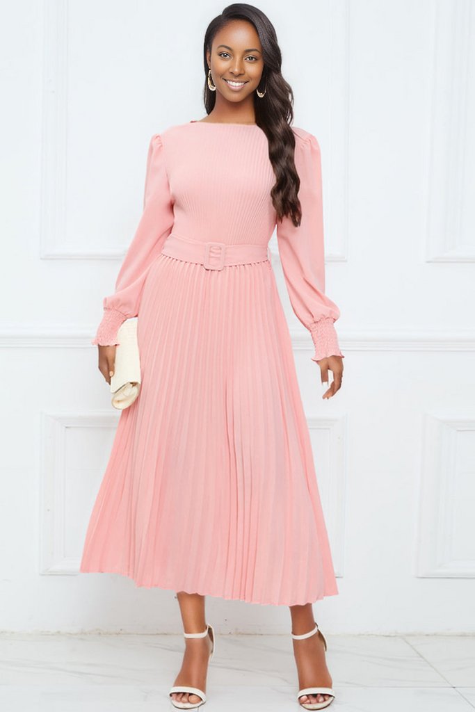 Round Neck Flounce Sleeve Pleated Dress