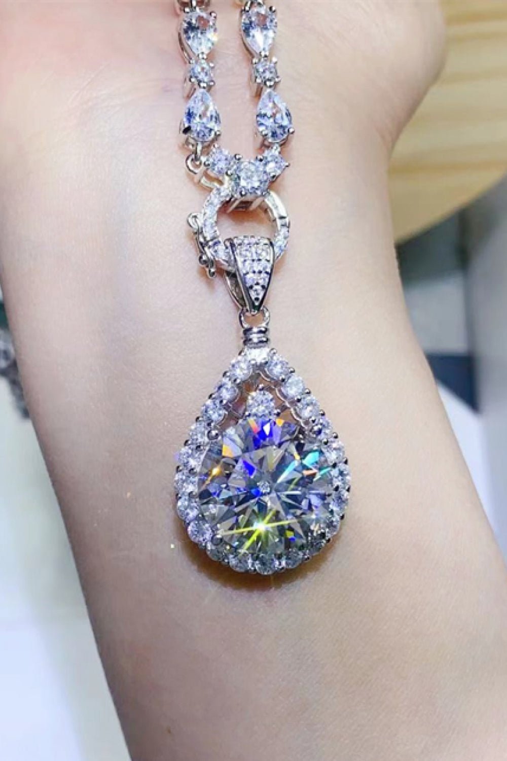 10 Carat Moissanite Teardrop Pendant Platinum-Plated Necklace - Uylee's Boutique