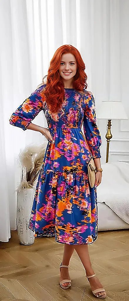 Printed Smocked Lantern Sleeve Ruffled Dress