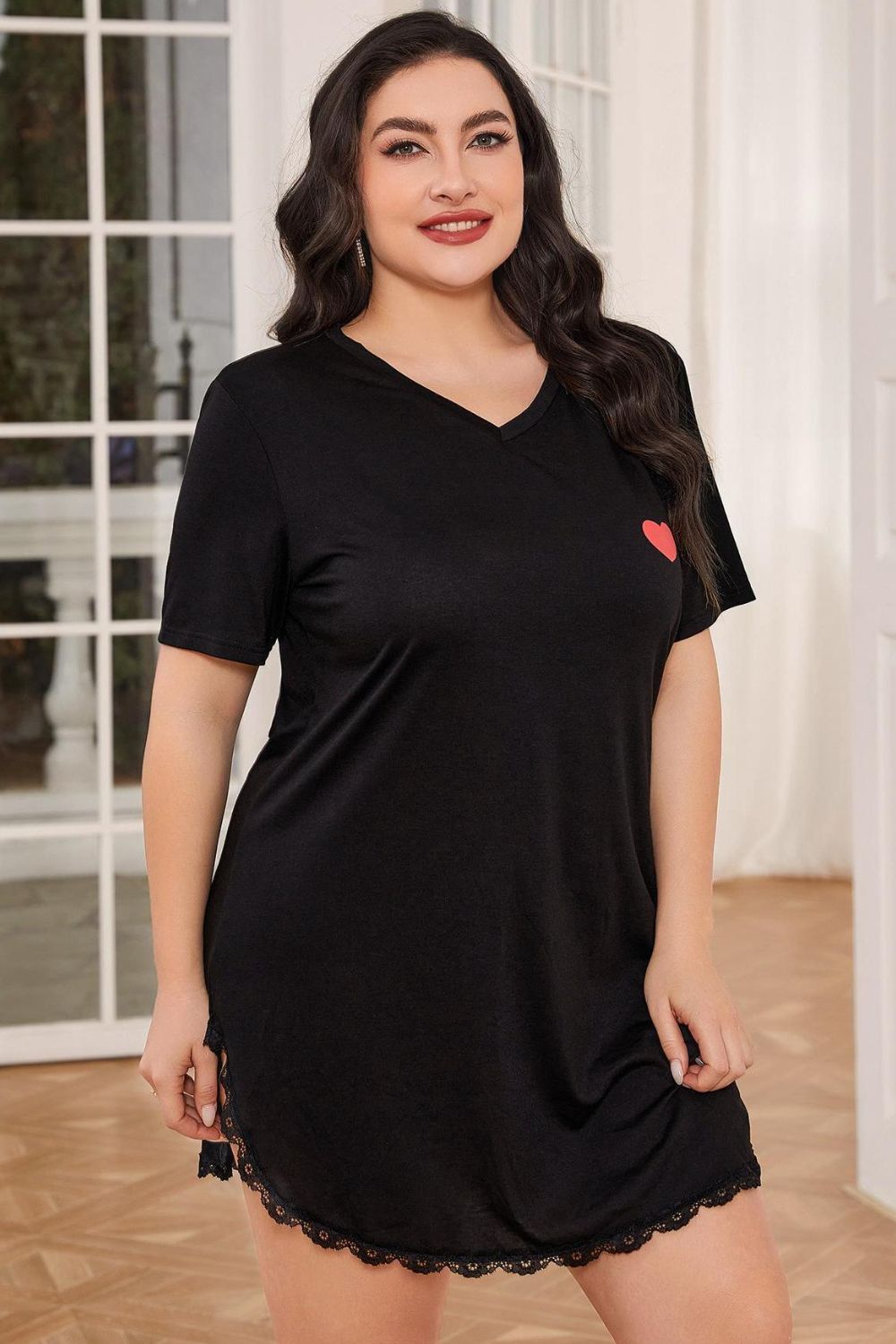 plus size ladies night dress Plus Size Lace Trim V-Neck Short Sleeve Night Dress