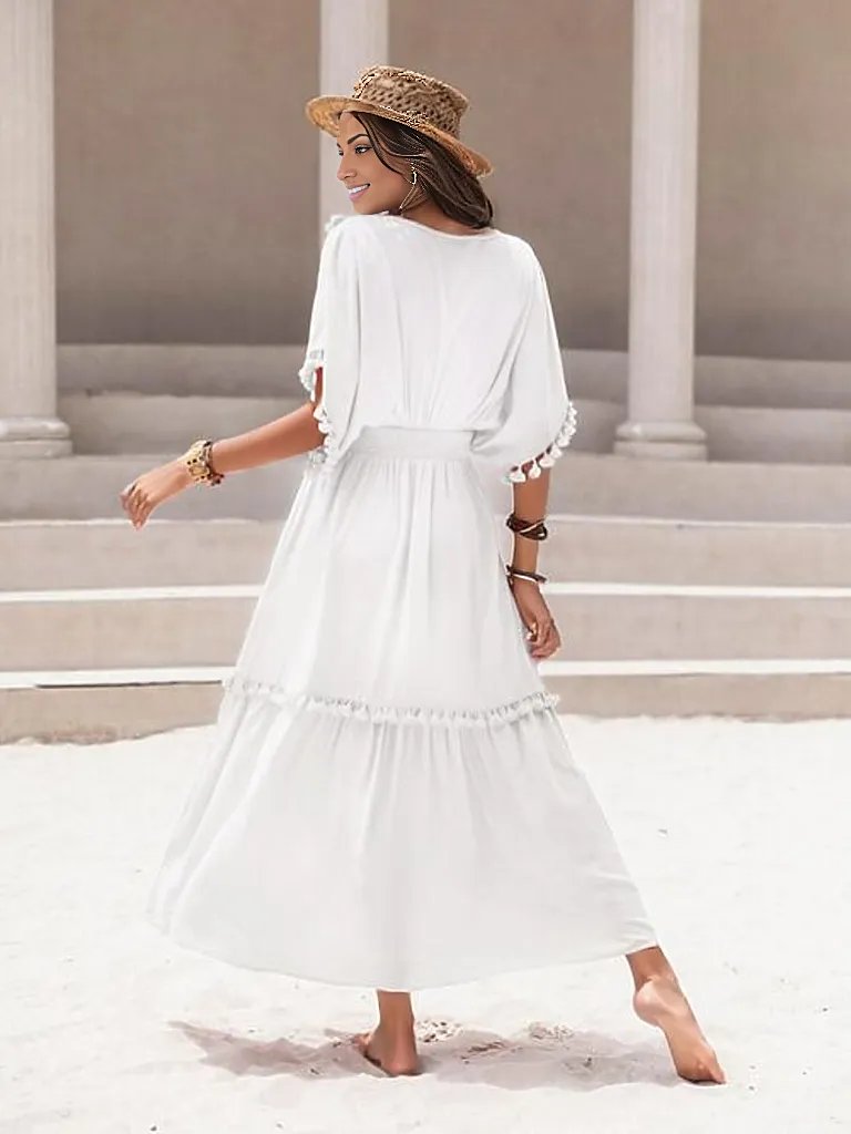 Tassel Trim Smocked V-Neck Short Sleeve Dress
