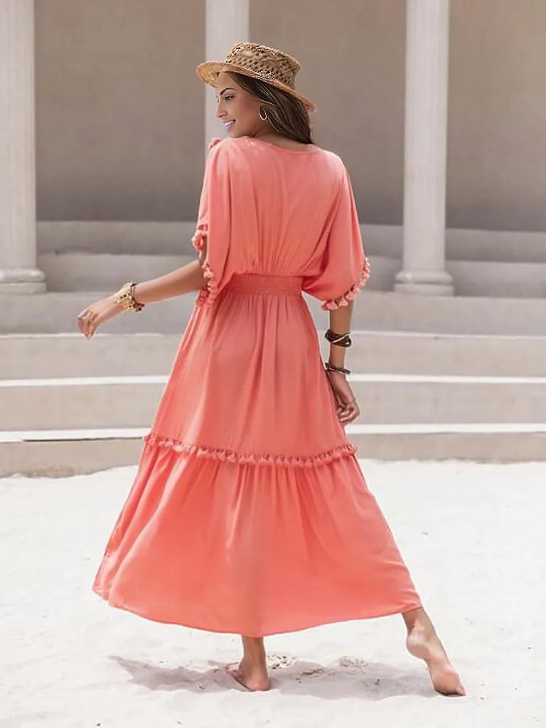 Tassel Trim Smocked V-Neck Short Sleeve Dress