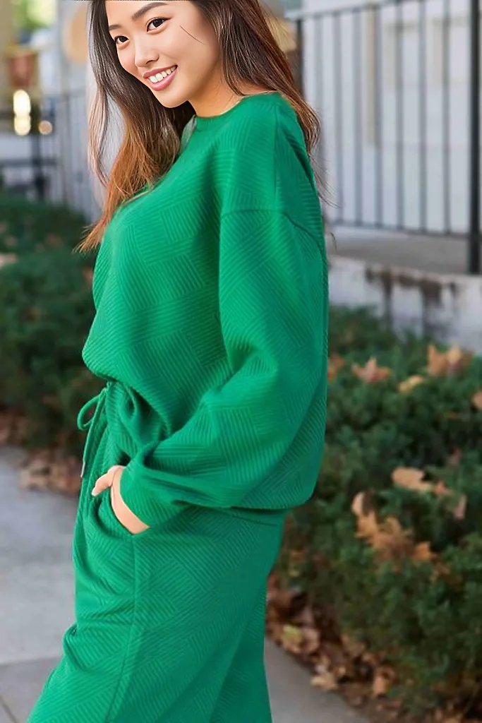 Double Take Full Size Textured Long Sleeve Top and Drawstring Pants Set
