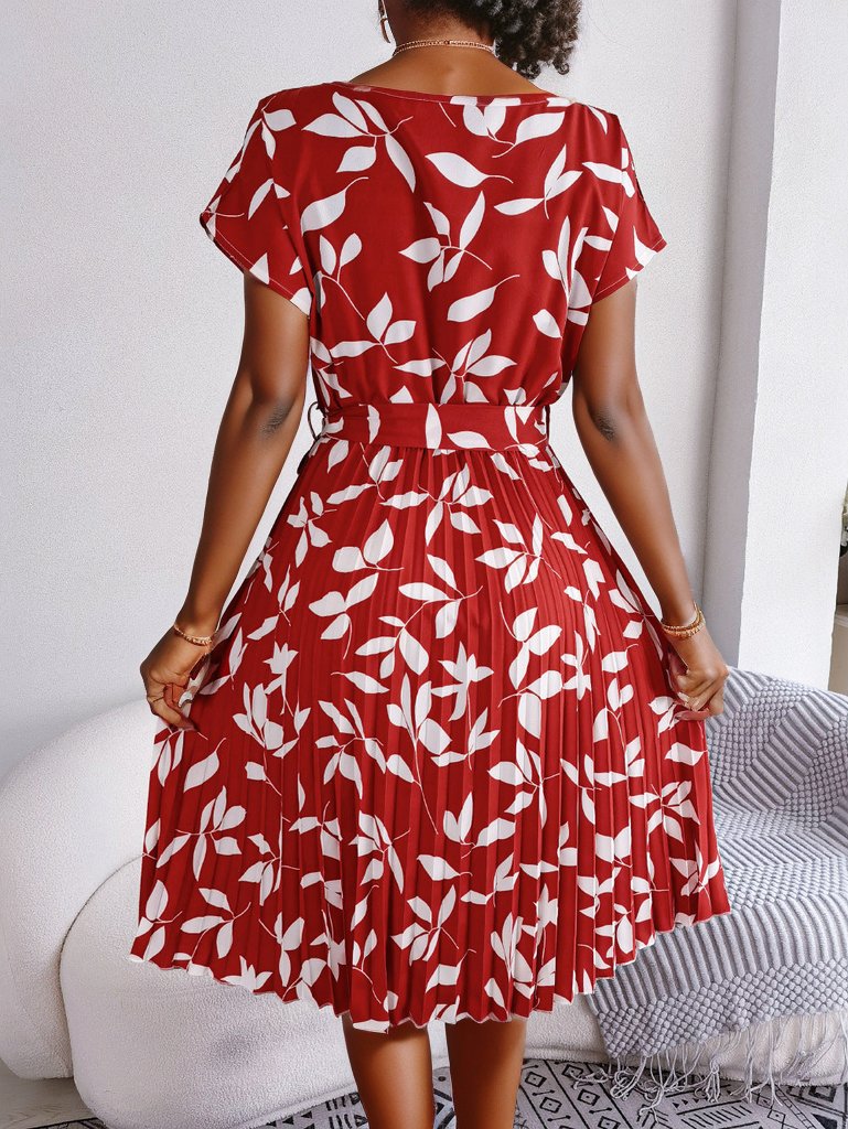 Printed Round Neck Short Sleeve Pleated Dress