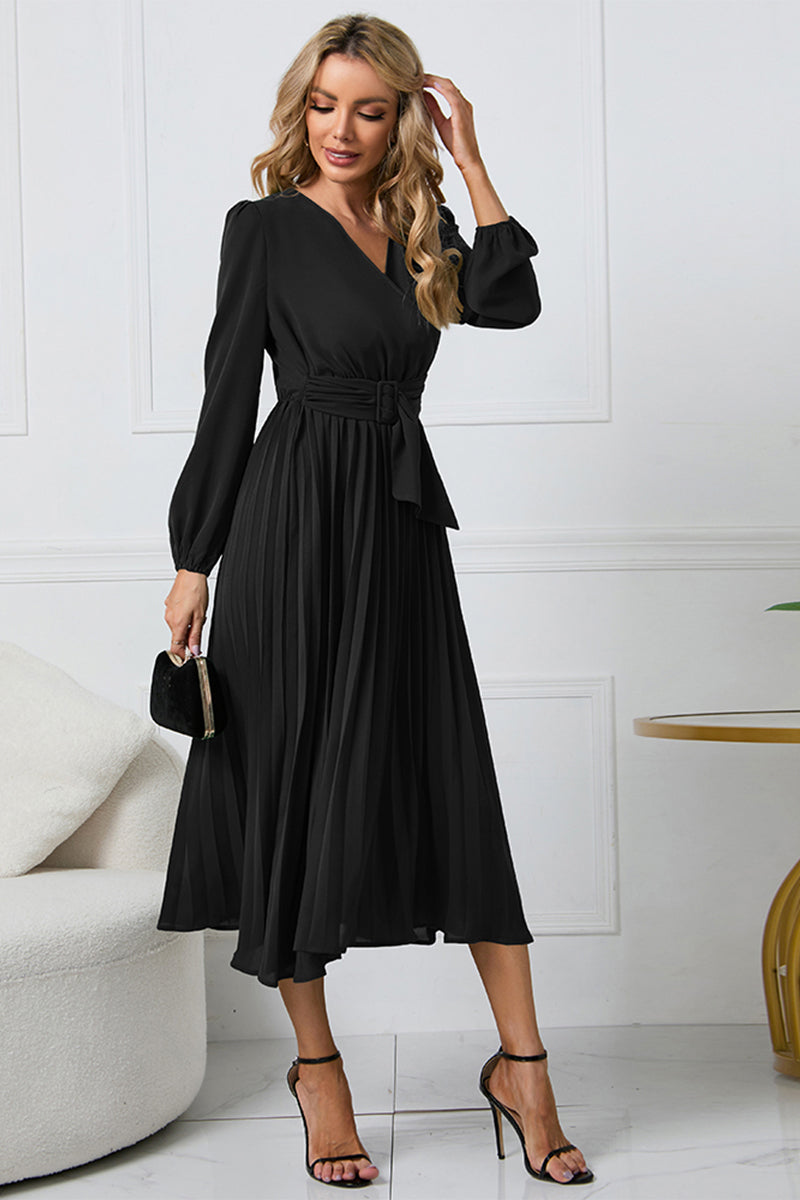 long sleeve tie waist midi dress Black Long Sleeve Shirt Dress