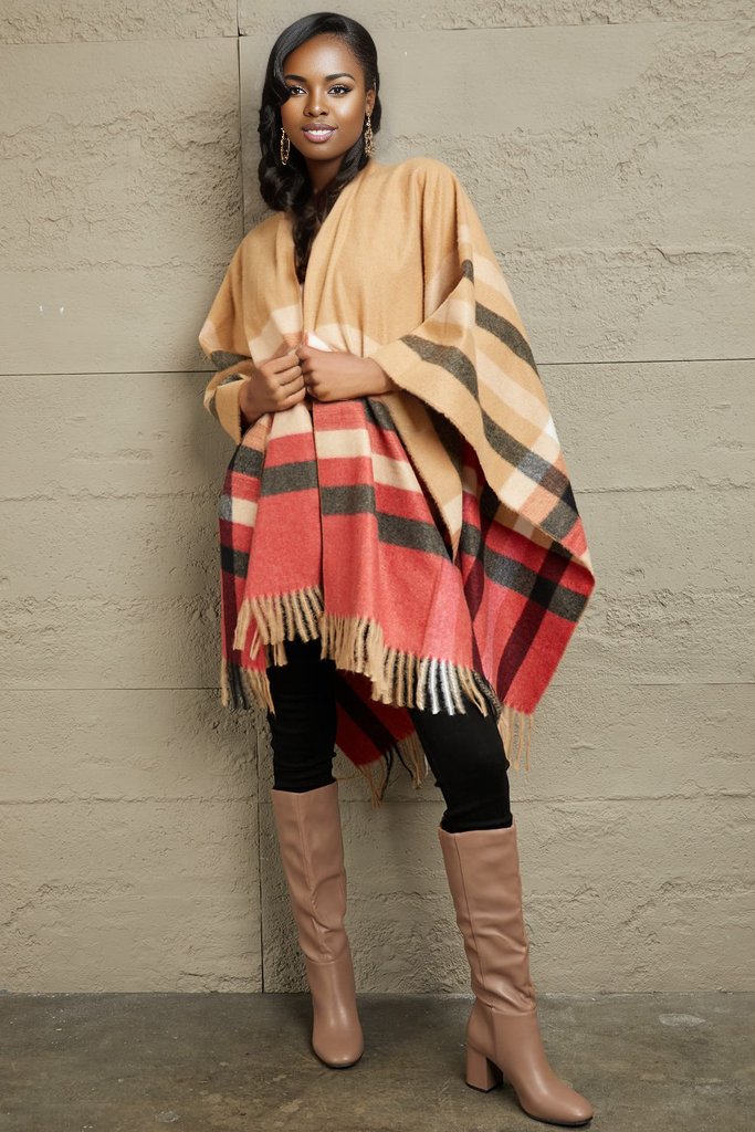 e.Luna Plaid Shawl Poncho Cardigan