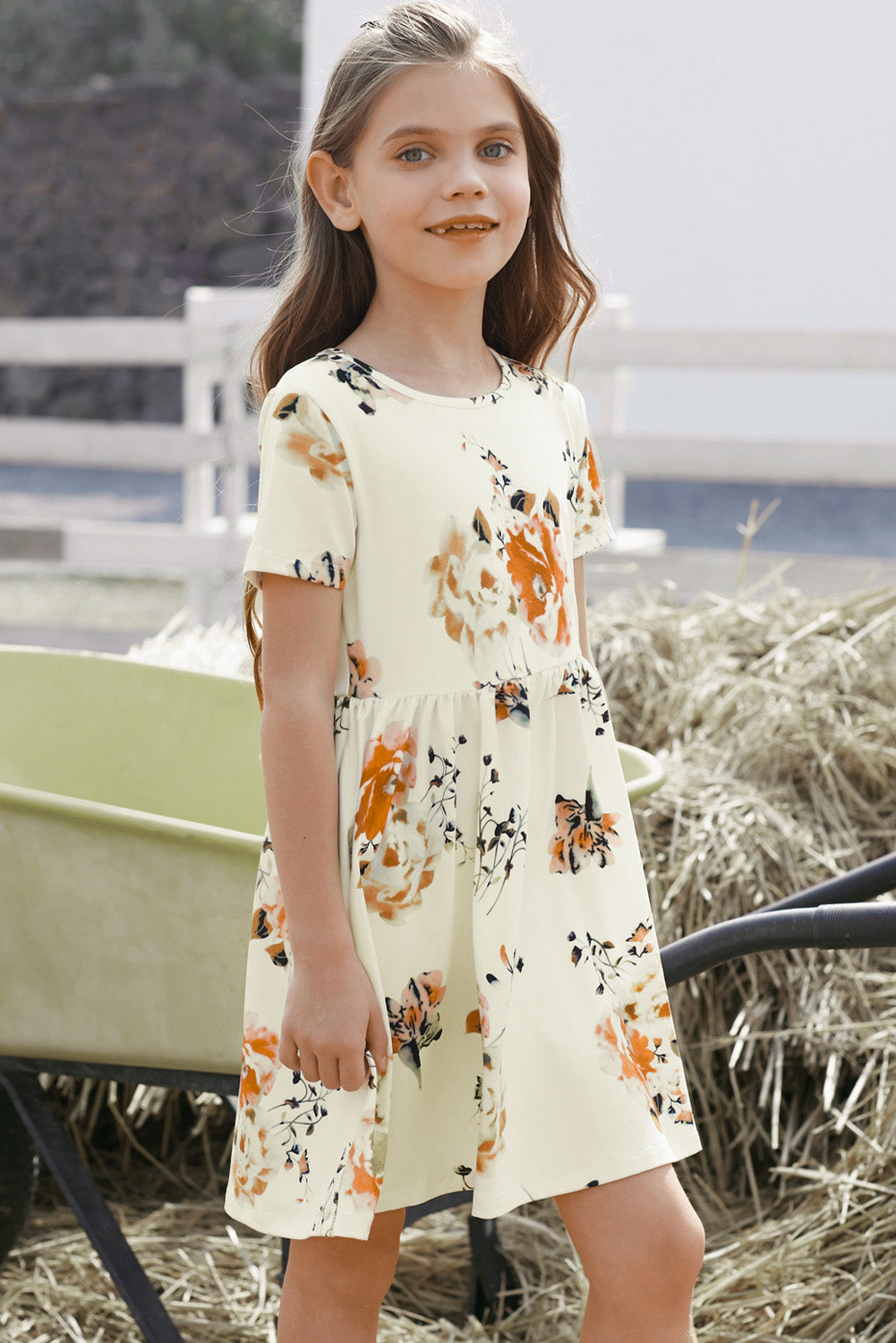 Girls Floral Short Sleeve Round Neck Dress, Sizes 4T - 12