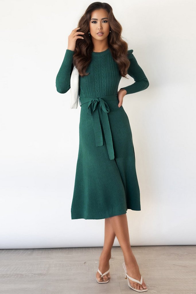 Round Neck Long Sleeve Tie Waist Sweater Dress