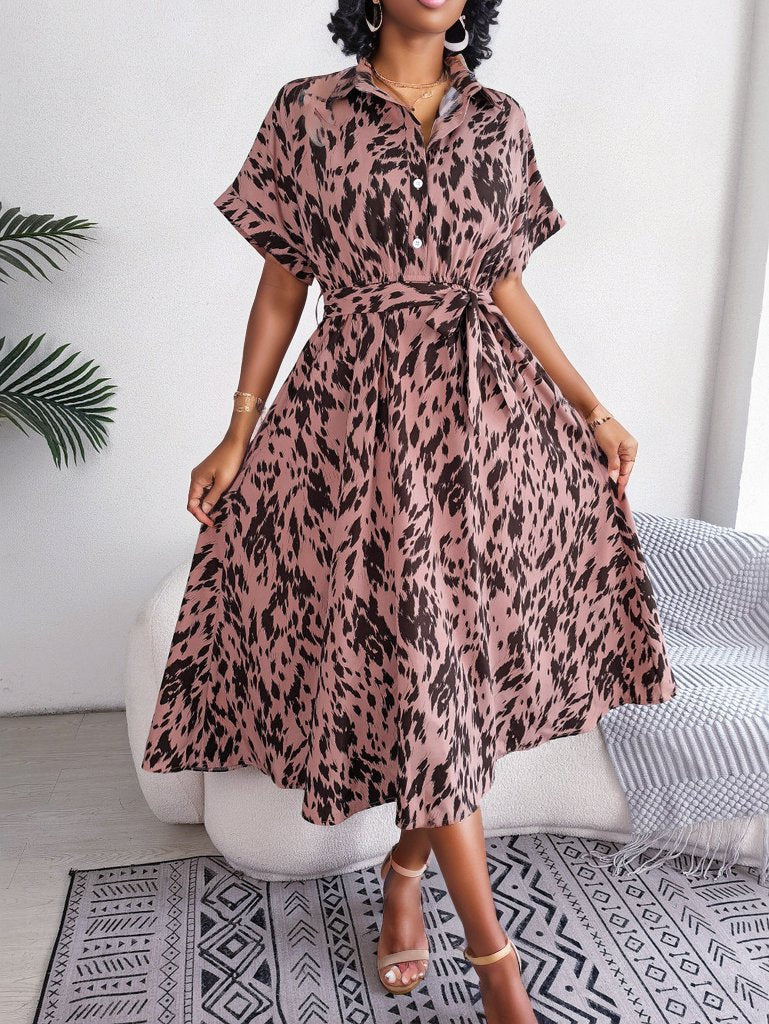 Printed Collared Neck Short Sleeve Tie Waist Dress