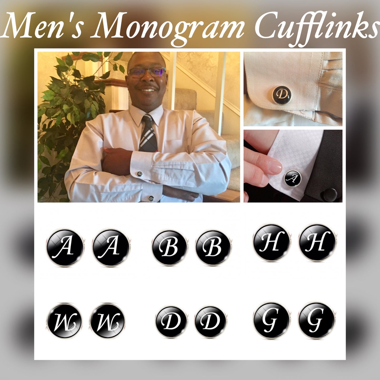 Men's Monogram / Initial Cuff Links - Black & Silver (A-Z)