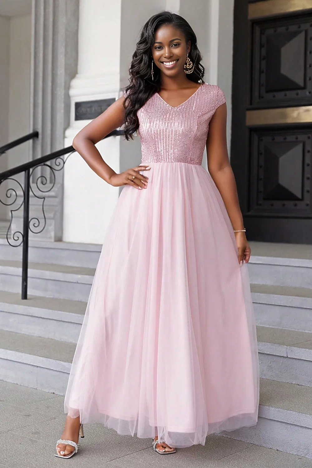 Sequin V-Neck Mesh Maxi Dress