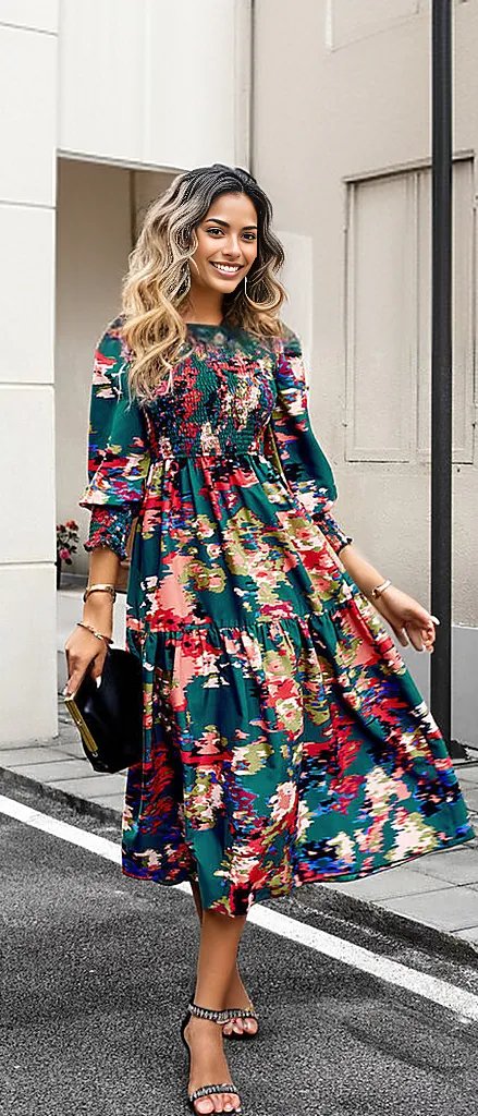 Printed Smocked Lantern Sleeve Ruffled Dress