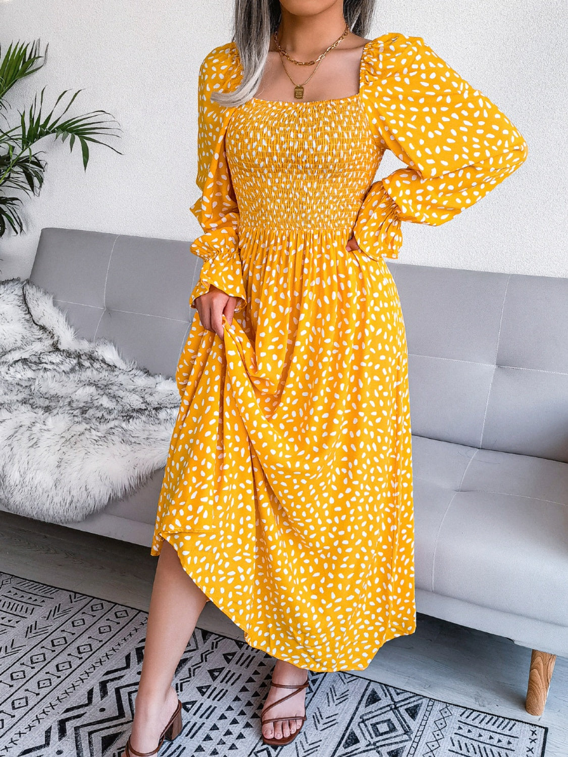 Smocked Square Neck Flounce Sleeve Dress - Three Color Choices
