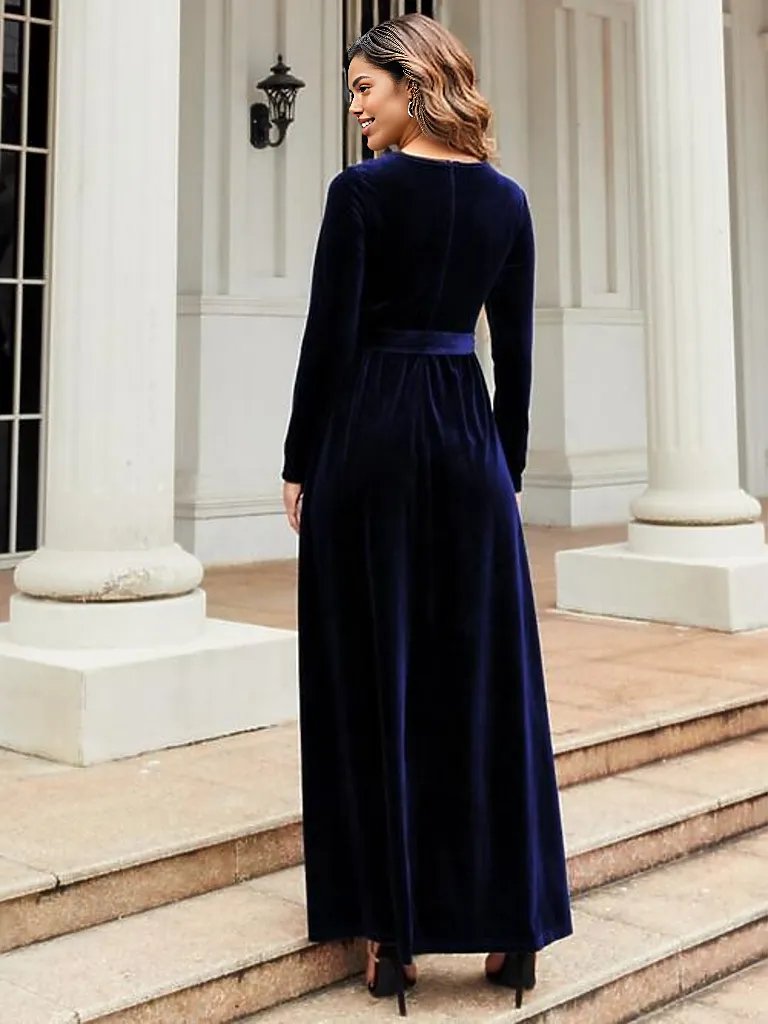 Tie Front Round Neck Long Sleeve Maxi Dress