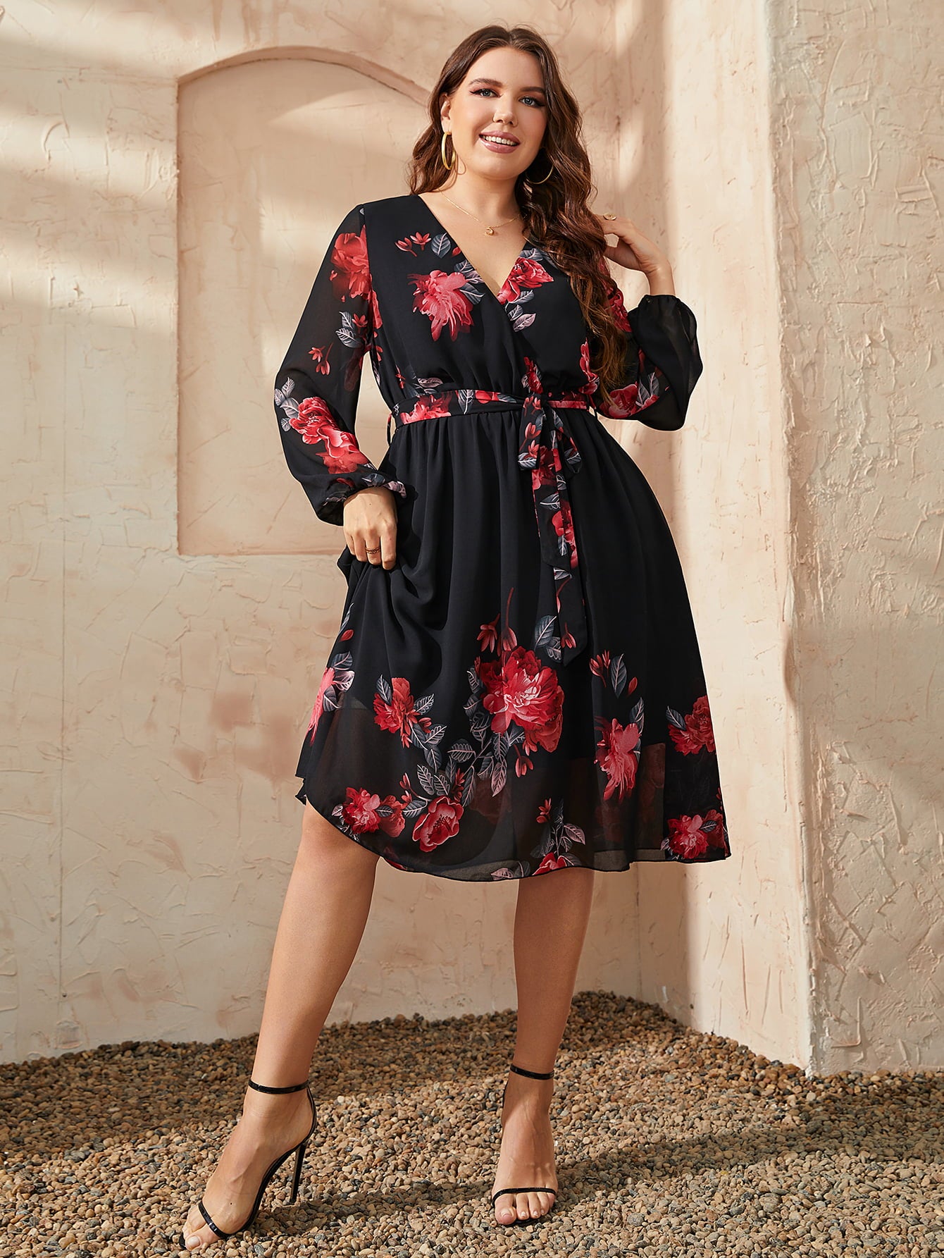 Uylee's Boutique Plus Size Floral Surplice Neck Tie Waist Dress