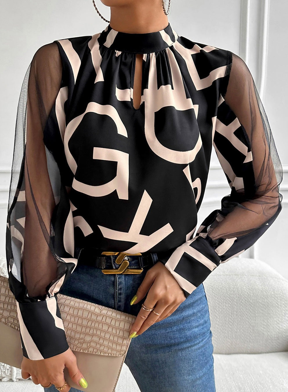 Printed Spliced Mesh Sleeve Blouse
