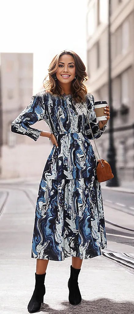 Printed Smocked Ruffle Hem Dress