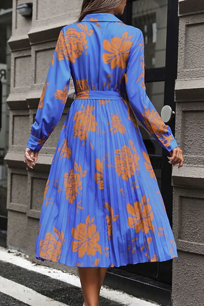 Floral Pleated Surplice Long Sleeve Midi Dress