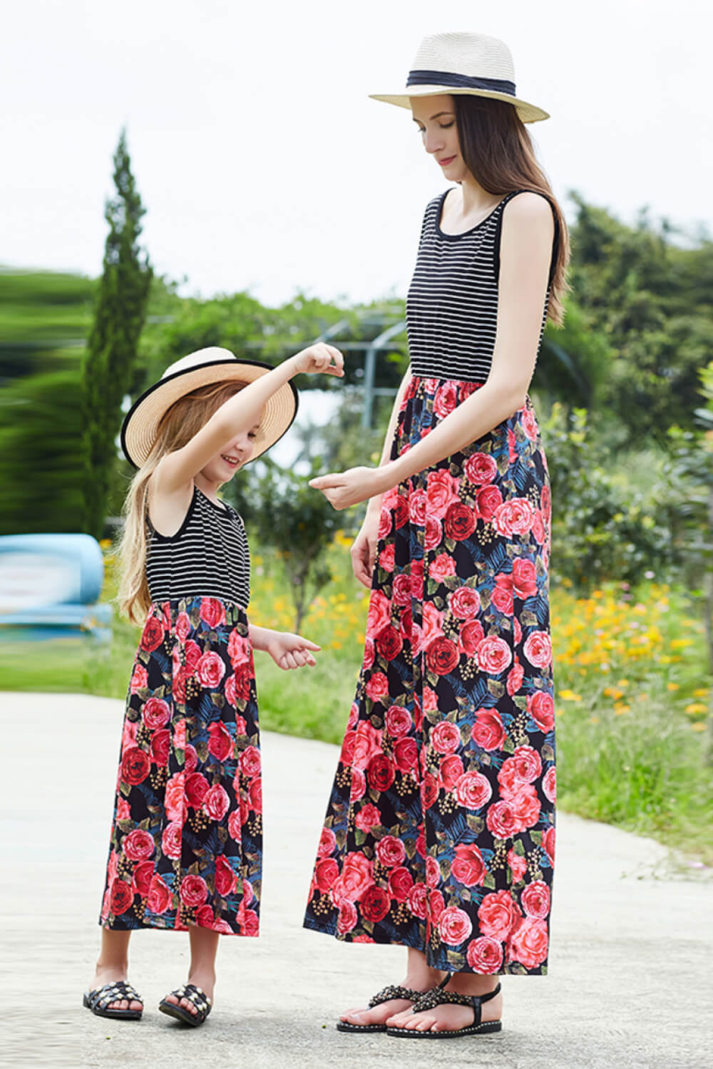 Mommy and Me Striped Floral Spliced Dress - Mom Size Dress, Sizes Small - XLarge